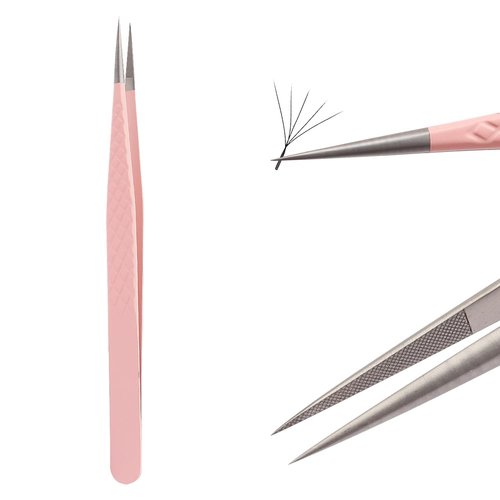 Lash Tweezers For Eyelash Extensions Fiber Tip Lash Tweezers Pink Straight/Curved Tweezer(Pink,X05)