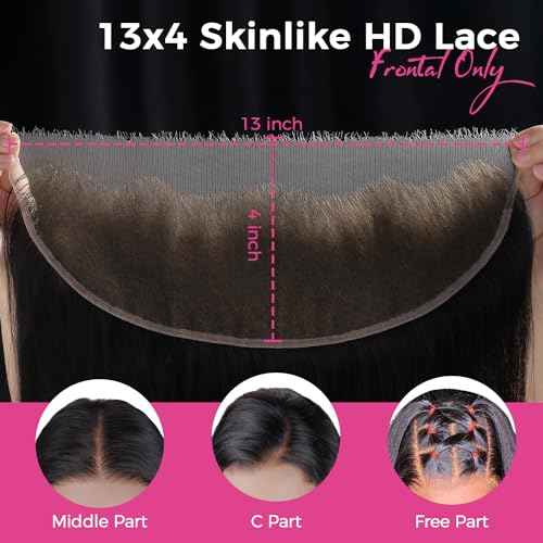 Lashey 13x4 SKINLIKE HD Lace Frontal, 0.10mm Ultra-Thin Invisible Real HD Frontal Pre Bleached Knots Pre Plucked Hairline Straight Human Hair 14 Inch Natural Black