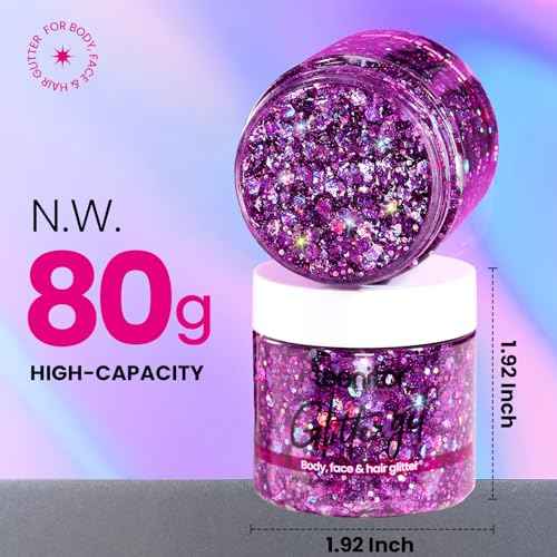 Teenitor Body Glitter, Face Glitter, Hair Glitter Gel, 80g/2.8oz Makeup Rave Purple Glitter Gel for Face and Body