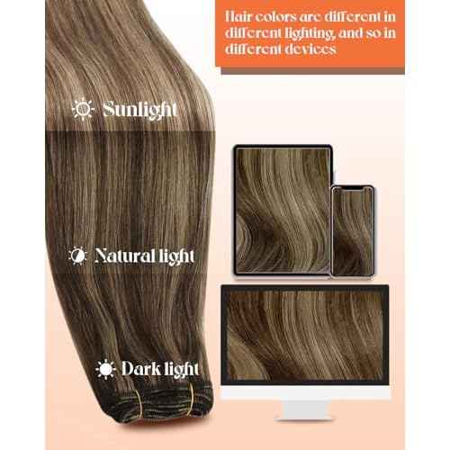 Sunny Hair Sew in Hair Extensions Real Human Hair Dark Brown with Caramel Blonde Highlights Weft Hair Extensions Human Hair Brown Sew in Extensions for Women Real Hair Bundles Human Hair 20inch 100g