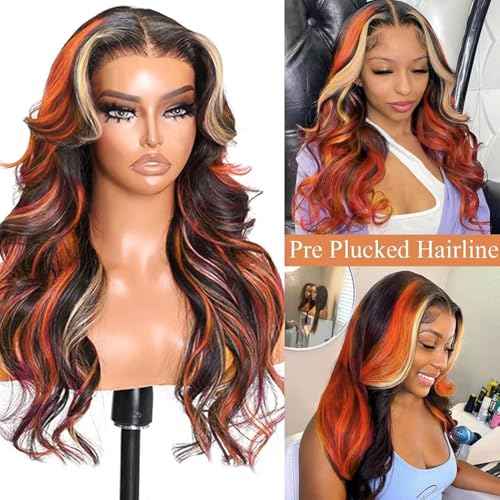 Black Ginger Blonde Highlight Wig Human Hair Lace Front Skunk Stripe Wig 13x4 Glueless Ginger Body Wave Lace Frontal Wigs Pre Plucked For Women 22 Inch 150% Density