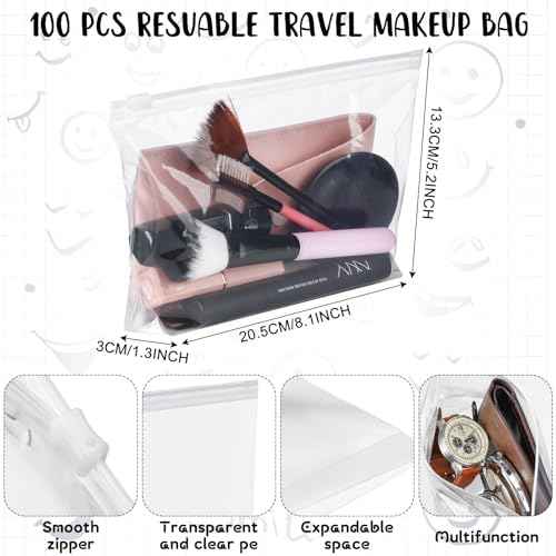 Bokon 100 Pcs Small Toiletry Bags Bulk, 5.12 x 8.11 Inches Clear Makeup Bags with Zipper Travel Pouches Cosmetic Storage Pouches for Women Waterproof Transparent PE Organizer for Travel Vacation