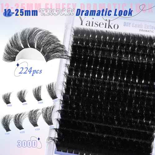 300D Lash Clusters Extensions Mega Cluster Eyelash Lashes 224 Pcs Thick Volume D Curl Wispy Individual Lashes DIY Lash Extension 12-25MM False Eyelashes Makeup at Home Replacement for Yaiseiko