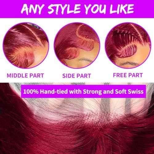 30 Inch 99j Burgundy Lace Front Wigs Human Hair 13x6 HD Glueless Straight Lace Frontal Wigs 99J 200% Density Brazilian Virgin Human Hair Wigs for Women Pre Plucked with Baby Hair