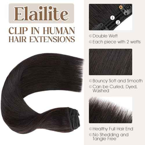 Elailite Clip in Hair Extensions Real Human Hair Double Weft Thick 8pcs Weft Natural Black 18 Inch 140g Remy Hairpieces Balayage Full Head Straight for Women