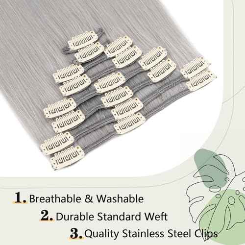 Clip in Hair Extensions Human Hair S-noilite Gray Human Hair Hair Clip in Extensions Full Head 8 Pieces/18 Clips 100% Real Human Hair Silky Straight 22"-110g Light Gray (#G1)