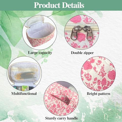 Pink Large Quilted Floral Makeup Bag Set of 3 Cute Coquette Aesthetic Cosmetic Bag Set Travel Toiletry Bag for Women