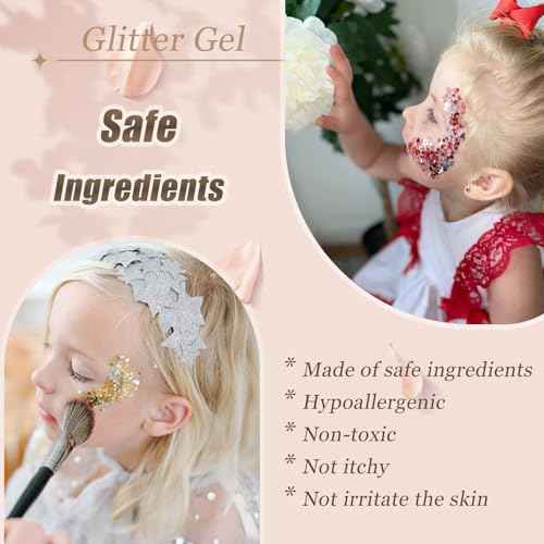 Face Body Glitter, Hair Glitter Sparkles Chunky Face Glitter Gel for Girls Makeup Singer Concerts Mermaid Festival Sequins Face Paint (White+Rose+Gold+Blue+Purple)