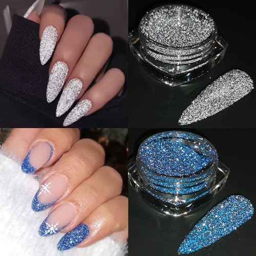 Reflective Glitter Powder Set, 8 Colors Sparkle Diamond Nail Glitter Dust, Silver Pink Purple Green Loose Glitter for Nails, Shiny Sugar Nail Powder Dipping Pigment, Nail Supplies