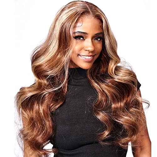 UNice Honey Blonde Highlight Body Wave Human Hair Weave 1 bundle 28 inch, Brazilian Remy Hair Dark Root Ombre Blonde Human Hair Extensions for Sew In TL412 Color