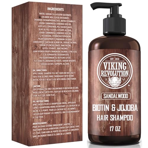 Viking Revolution Sandalwood Men's Shampoo with Biotin and Jojoba Oil - Natural Hair Shampoo for Men with Vitamin B5 and Hair Loss Thinning Hair Treatment (17 Oz)