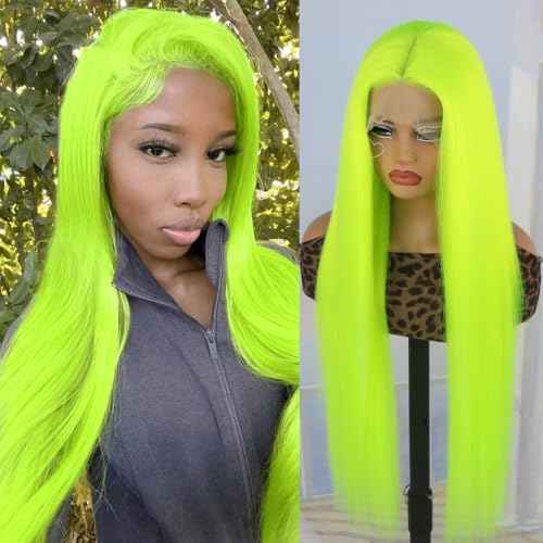 Aubree Fluorescent Green Wigs for Women Neon Green Long Straight Lace Front Synthetic Wigs with Baby Hair Glueless Heat Resistant Hair Replacement for Cosplay Party Christmas gift