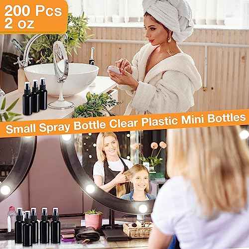Zhehao 200 Pcs Small Spray Bottle Bulk 2 oz Plastic Mist Spray Bottles for Essential Oils Fine Mist Sprayer Reusable Refillable Portable Travel Containers for Perfume Cleaning Samples(Black)