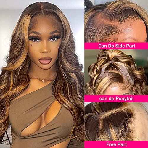 Aicrelery 4/27 Highlight 13x6 Lace Front Wigs Human Hair 13x6 Honey Blonde HD Lace Front Wig Pre Plucked with Baby Hair 180% Density Highlight Ombre Body Wave Lace Frontal wig for Women 20 Inch