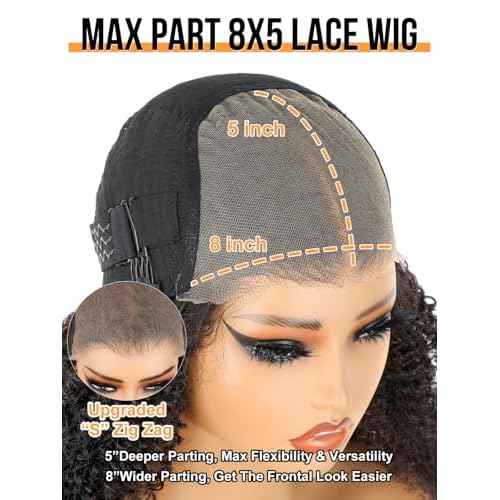 Domiso 18 Inch Knots Bleached Max Part 8x5 M-Cap Afro Kinky Curly Glueless Wigs Human Hair Pre Plucked Pre Cut Wear and Go Glueless Wig Kinky Curly Lace Front Wigs Human Hair 195% Density