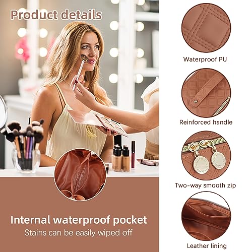 Ineowelly Makeup Bag, Large Capacity Travel Cosmetic Bag for Women, PU Leather Makeup Travel Bag Waterproof, Multifunctional Toiletry Bag with Portable Handle & Layered (Brown)