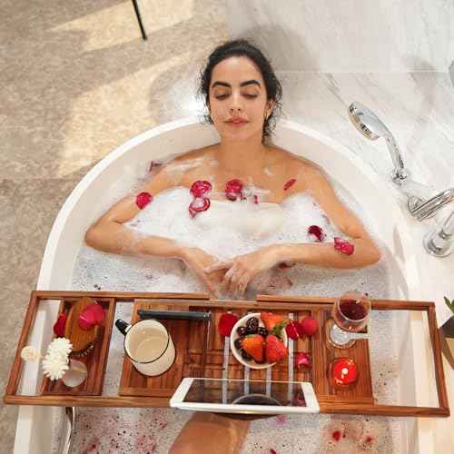 VaeFae Premium Teak Bathtub Tray, Expandable Wooden Bath Tray for Tub, Luxury Bathtub & Bathroom Accessories, Great House Warming, Anniversary & Wedding and Birthday Gifts (Free Teak Body Brush)