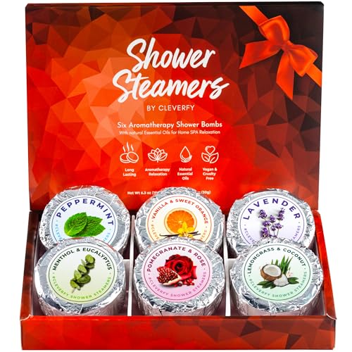 Cleverfy Shower Steamers Aromatherapy - Compact Variety Pack of 6 Shower Bombs with Essential Oils. Personal Care and Relaxation Birthday Gifts for Women and Men. Red Set