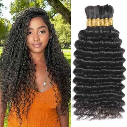 Human Braiding Hair for Boho Braids 150g 6 Bundles/Pack 20 Inch Deep Wave Bulk Human Hair for Braiding Curly Boho Hair for Braiding 12A Human Hair Braiding Hair Wet and Wavy Natural color
