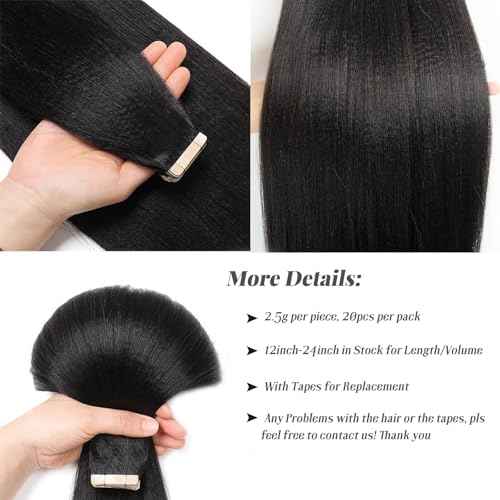 Tape in Hair Extensions Yaki Straight Real Human Hair Tape in Extensions - 24 Inch Long Straight Natural Color Human Hair Extensions Light Yaki Tape ins for Black Women
