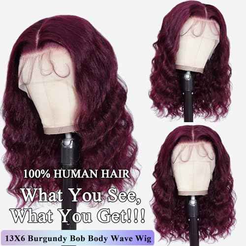 13X6 18inch 99J 230% Density Bob Body Wave Burgundy Wig Human Hair Bob Wig Human Hair Body Wave Lace Front Wigs Human Hair Pre Plucked With Baby Hair HD Transparent Lace Frontal Wig