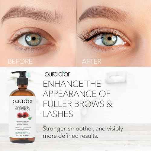 PURA D'OR 16.9 oz Organic Castor Oil (GLASS BOTTLE) Pure Cold-Pressed Hexane-Free USDA Certified ? Lashes Brows Hair Scalp Skin ? Botanical Moisturizer for Softness Strength Hydration Shine Radiance