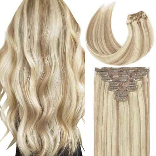 Caliee Blonde Clip in Hair Extensions Real Human Hair,P10-613 Natural Human Hair Extensions Clip ins Real Human Hair for Women Full Head 120G with 16 Clips 7Pcs Lace Clip in hair 18Inch