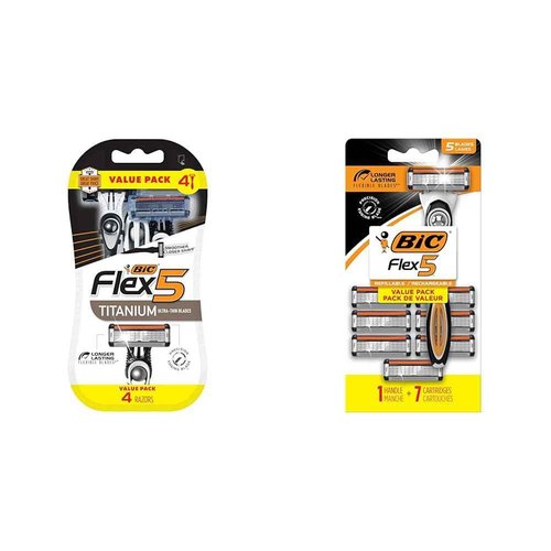 BIC Flex 5 Titanium Disposable Razors for Men 4 Piece Set and BIC Flex 5 Refillable Razors for Men 1 Handle 7 Cartridges 8 Piece Shaving Kit
