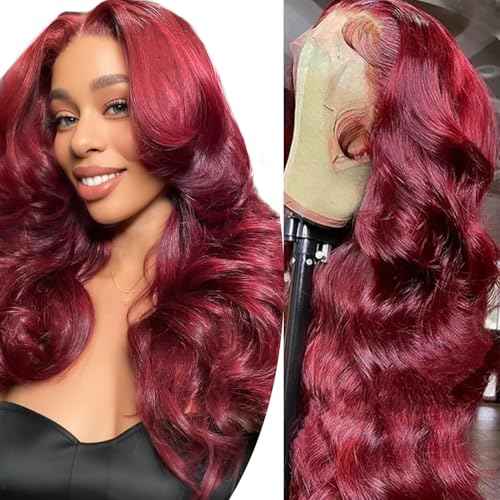 30 Inch Burgundy Body Wave Human Hair Wig 13x4 Lace Front Wigs Human Hair Pre Plucked 99j Burgundy Wig Human Hair with Free Part 180% Density Glueless Colored Wig for Women