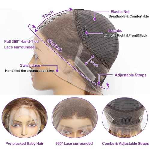 Honey Blonde 360 Lace Front Wigs Human Hair Drawstring Ombre Body Wave Lace Front Wigs Human Hair Pre Plucked 360 HD Full Lace Wig Highlight Glueless Frontal Wigs Human Hair 26 Inch