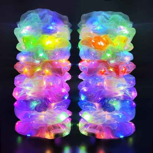 20Pcs Light Up Scrunchies with 12Pcs Satin Elastic Hair Bands, LED Hair Ties for Women & Girls, Glow in the Dark Party Supplies Christmas Party Favor Festival Rave Accessories for Neon Glow Party