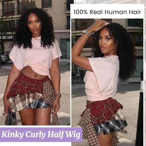 Kinky Curly Half Wig Human Hair 210 Density 100% Unprocessed 3 In 1 Half Wig Curly Human Hair With Drawstring Seamless Flip Over Wigs Glueless Beginner Friendly 16 Inch