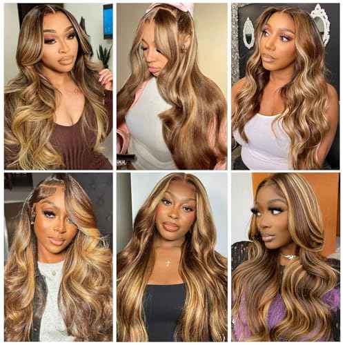 22 Inch Ombre Lace Front Wigs Human Hair 200% Density 13X4 Highlight Body Wave Lace Front Wig Human Hair Pre Plucked for Women Brown mixed Blonde HD Lace Frontal Wigs