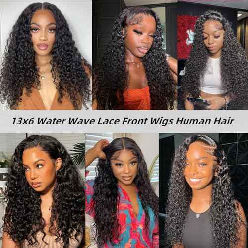 Caijuxing Water Wave Lace Front Wigs Human Hair 13x6 HD Lace Front Wigs Human Hair 200% Density (Natural Black- Water Wave Wig, 18 Inch)