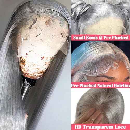 Grey Lace Front Wigs Human Hair for Women, 24inch 150% Density Silver Grey Straight 13X4 HD Transparent Lace Front Wigs Pre Plucked with Baby Hair Natural Hairline