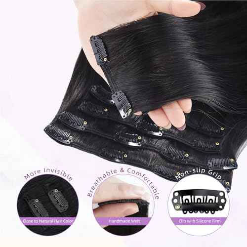 Clip in Hair Extensions Real Human Hair,100% Brazilian Remy Human Hair Extensions for Women,1B Natural Black 8pcs Per Set with Double Weft,26inch 130g,Straight