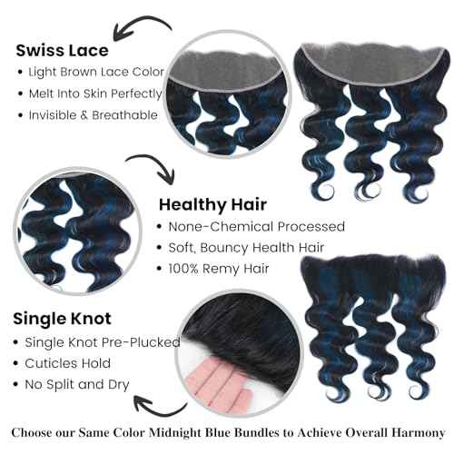 ALHER #1B/BlueBody Wave 13x4 Lace Frontal Human Hair, Black Mix Blue HD Transparent Lace Frontal Closure Ear to Ear 100% Virgin Remy Human Hair for Black Women 150% Density 12 Inch