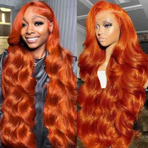 20 Inch Ginger Orange 13x6 Body Wave Lace Front Wigs Human Hair 200% Density Glueless HD Transparent Lace Frontal Wigs Human Hair Pre Plucked With Baby Hair Ginger For Women