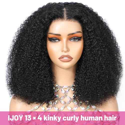 ijoy 18 Inch KinkyCurly Wig Human Hair 13x4 Natural Black Lace Front Wigs Afro Curl Full and Thick 180 Density Brazilian Virgin Human Hair Wig for Black Women Afro kinky Curly