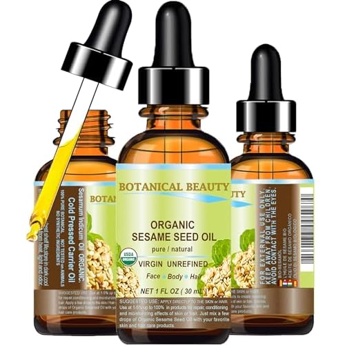 Botanical Beauty Organic SESAME SEED OIL 100% Pure Natural Virgin Unrefined Undiluted Cold Pressed Carrier Oil for Face, Skin, Body, Hair, Massage, Nails (1 Fl Oz 30 ml)