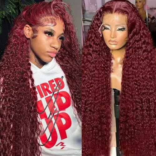 Burgundy Wig Human Hair Deep Wave 13x6 Transparent Lace Front Wigs Human Hair 200 Density 99j Burgundy Wigs Pre Plucked 99J Curly human Wig with Baby Hair 22 Inch