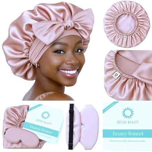 Sosun Beauty Double Layer Blush Pink Satin Sleep Bonnet with Tie Band and Free Matching Sleep Mask