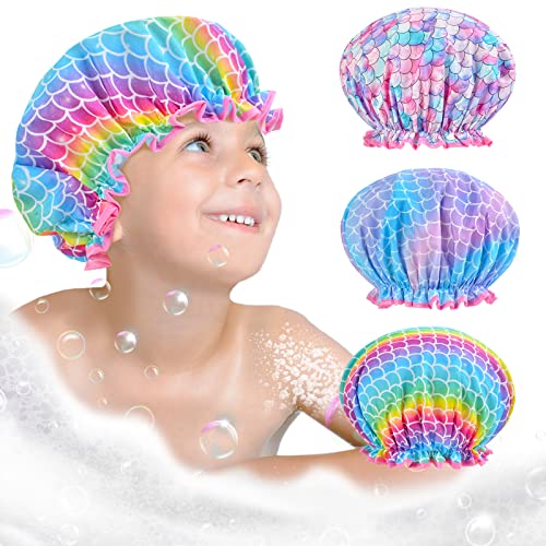 Shower Cap for Kids, 3 Pcs Kids Shower Caps for Girls, Cute Rainbow Hair Cap Wide Elastic Band, Plastic Reusable Waterproof Toddler Shower Cap, Large Bath Cap for Kids Girls Women (Mermaid)