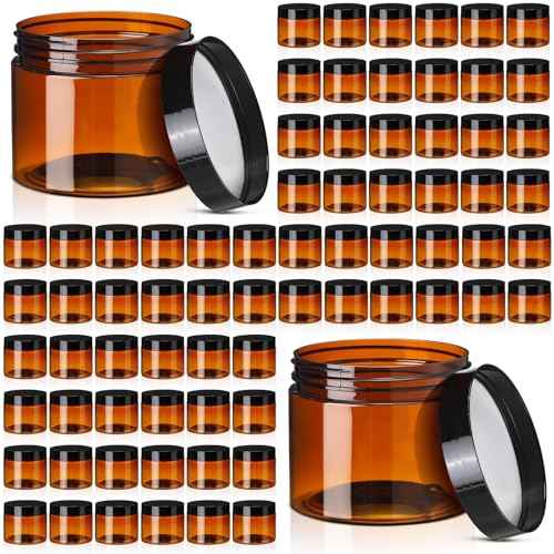 Tanlade 100 Pcs 2 oz Amber Plastic Cosmetic Jars with Lids Empty Leak Proof Container Refillable Cosmetic Jars Airtight for Cream, Lotion, Powder, Ointment, Beauty Products Travel Storage(Round)