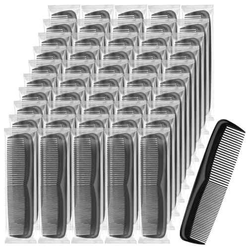 NICEMOVIC Pocket Combs Bulk for Men 50 Pack, Homeless Supplies Bulk, Mens Hair Beard Barber Disposable Wide Fine Tooth Travel Plastic Small Mini Comb Set Individually Wrapped for Hotel Shelter (Black)