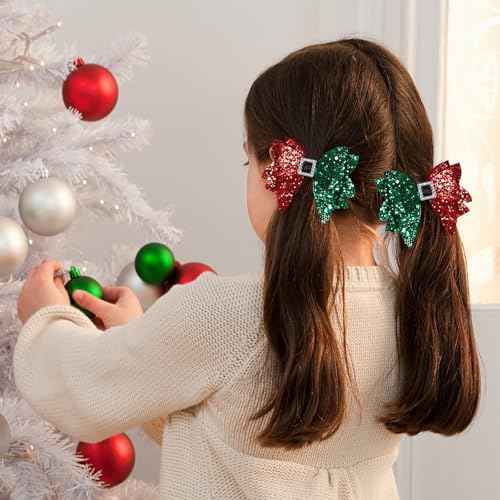 Christmas Hair Bow Clips 3.5 Inch Sparkly Glitter Hairpins Handmade Xmas Hair Accessories for Teens Girls, Red&Green