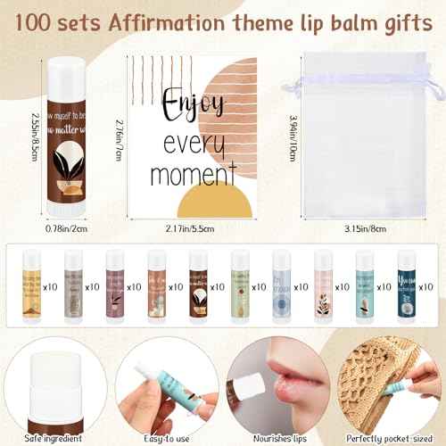Leelosp 100 Sets Positive Affirmation Gifts Set for Women Lip Balm Bulk with Positive Daily Affirmation Cards, Motivational Encouragement, Self Care Gifts for Stress Relief, Mental Health Awareness
