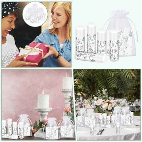 50 Set Wedding Thank You Gifts, Thank You Lip Balm Bulk Retractable Ballpoint Pen Appreciation Card Organza Drawstring Gift Bag Bridal Shower Gift for Guest Wedding Party(Eucalyptus Leaf)