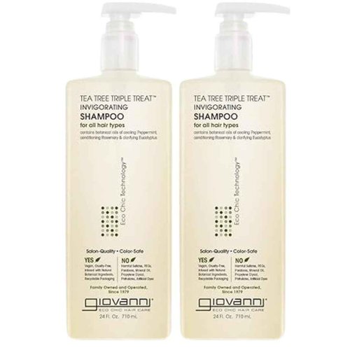 GIOVANNI Tea Tree Triple Treat Invigorating Shampoo - Cooling Peppermint, Eucalyptus & Rosemary, Strengthen & Rejuvenate Hair & Scalp, Salon Quality, Paraben Free, Tea Tree Shampoo - 24 oz (Pack of 2)