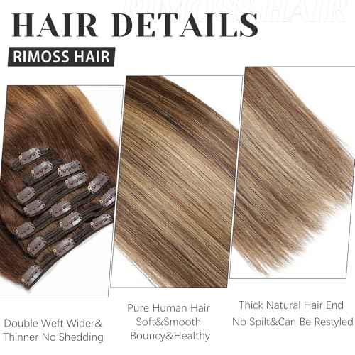 Clip in Hair Extensions Real Human Hair - 150g 18 Inch 7pcs, Ombre Chocolate Brown to Caramel Blonde Balayage Color - Soft Hair Extensions Real Human Hair Clip ins Straight for Women